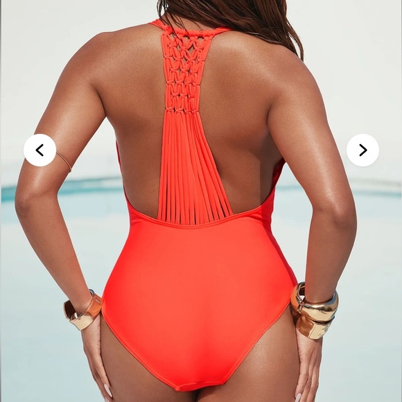 NWT! Fashion Nova Mayra Neon Orange Macrame One Piece Swimsuit M Bathing suit - Picture 2 of 10